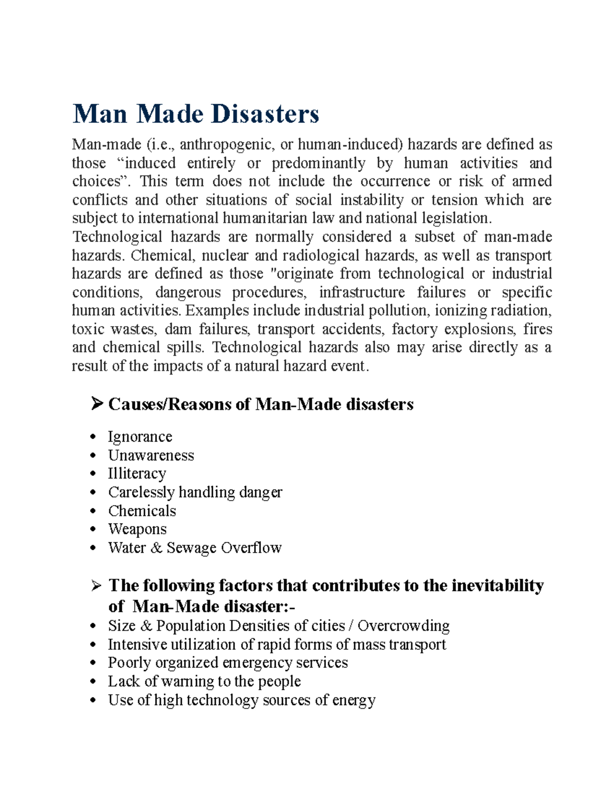 essay on man made disaster