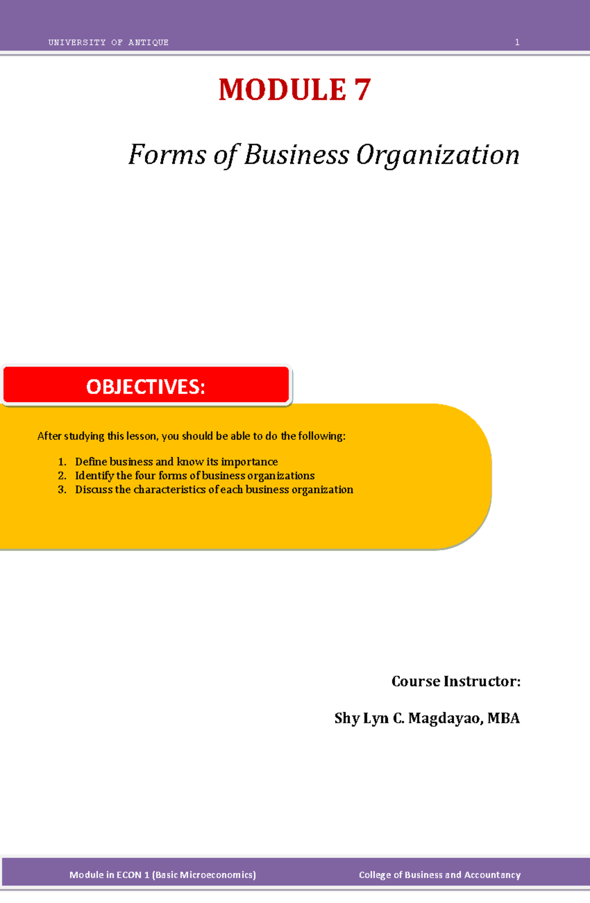 ECON 1 Chapter 7 - Economics - MODULE 7 Forms of Business Organization ...