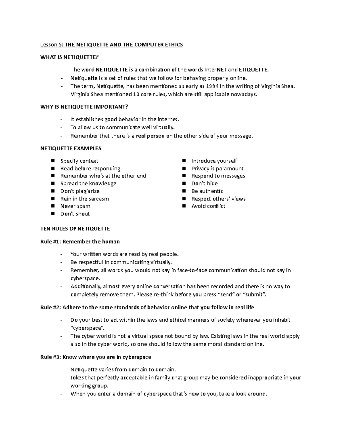 GE ELEC 1 Reviewer 4 Netiquettes Information AGE Video - Lesson 5: THE ...