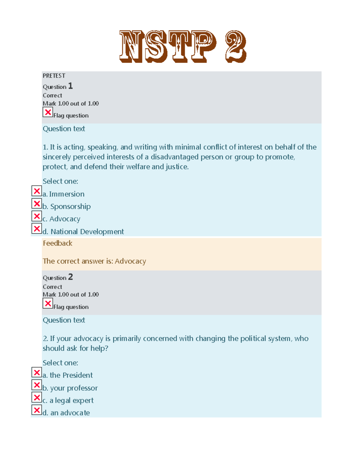 NSTP 2 PMF - FOR NSTP - PRETEST Question 1 Correct Mark 1 out of 1 ...