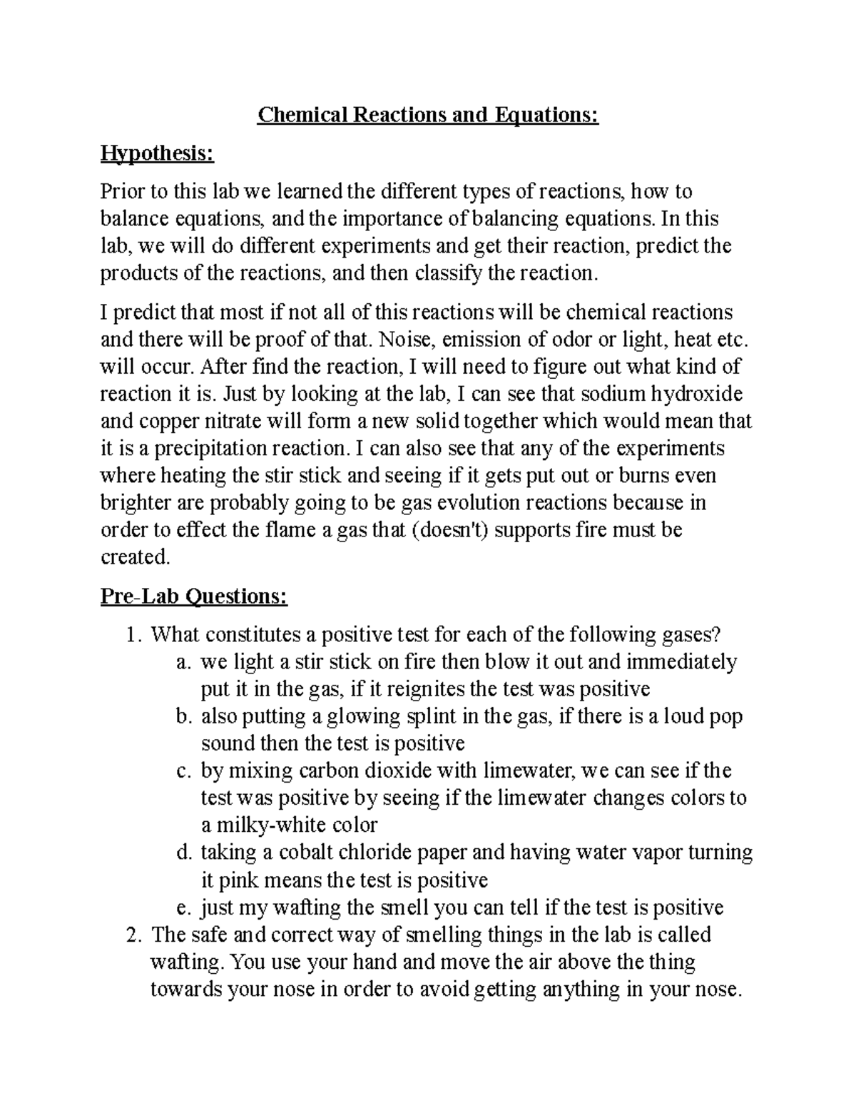 Chemical Reactions and Equations Lab Chemical Reactions and Equations