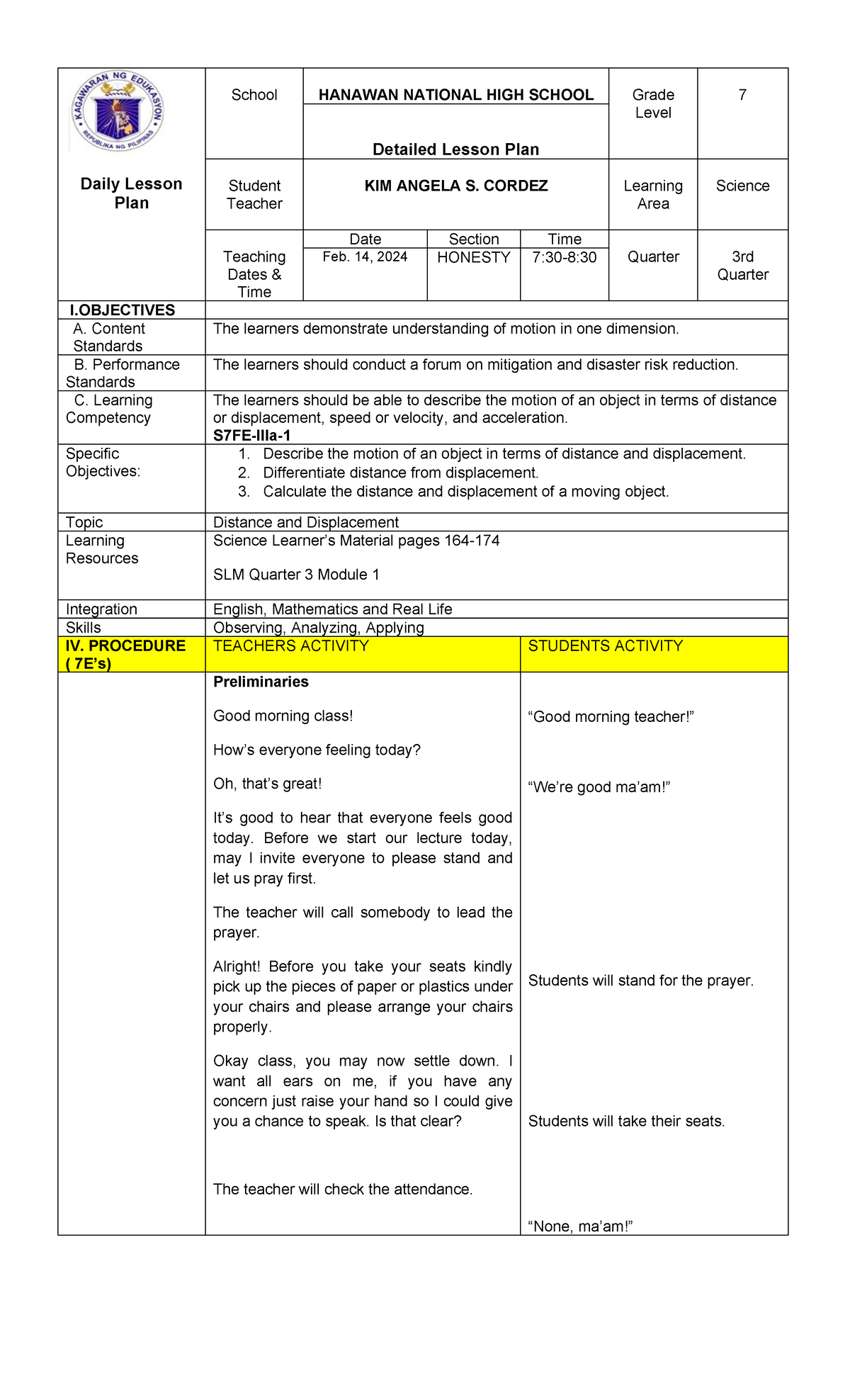 Distance and Displacement-DLP Grand Final - Copy - Daily Lesson Plan ...