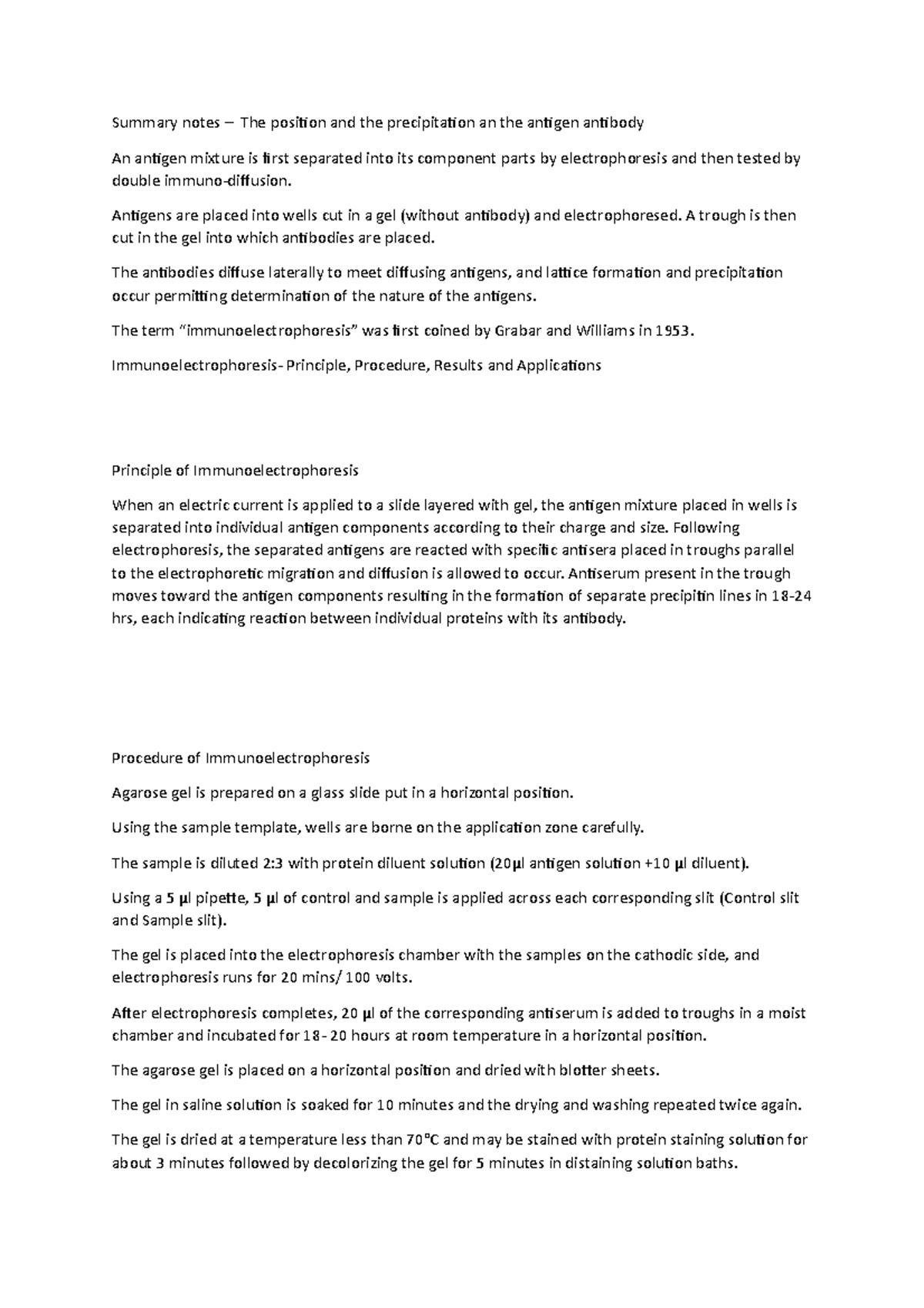 Summary notes – The position and the precipitation an the antigen ...