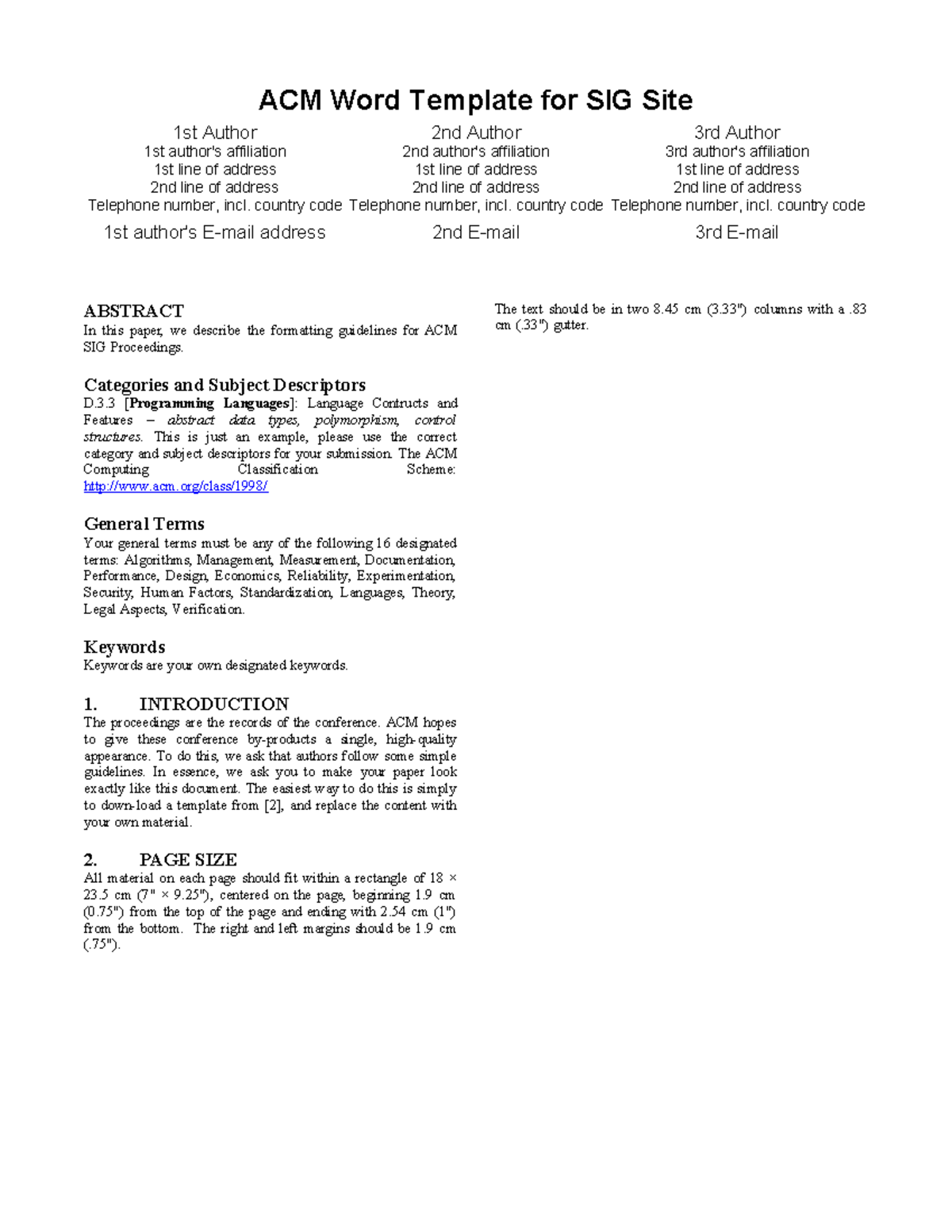 ACM Format pubform 1 ACM Word Template for SIG Site 1st Author 1st