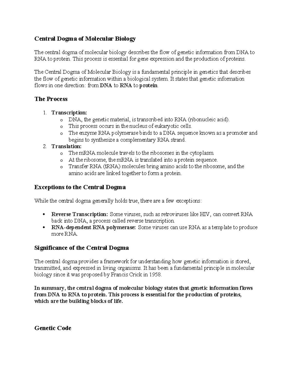 Central Dogma of Molecular Biology - This process is essential for gene ...