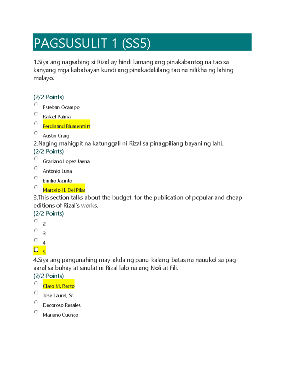 MT Quizzes SS 5 Compilation - PAGSUSULIT 1 (SS5) 1 ang nagsabing si ...