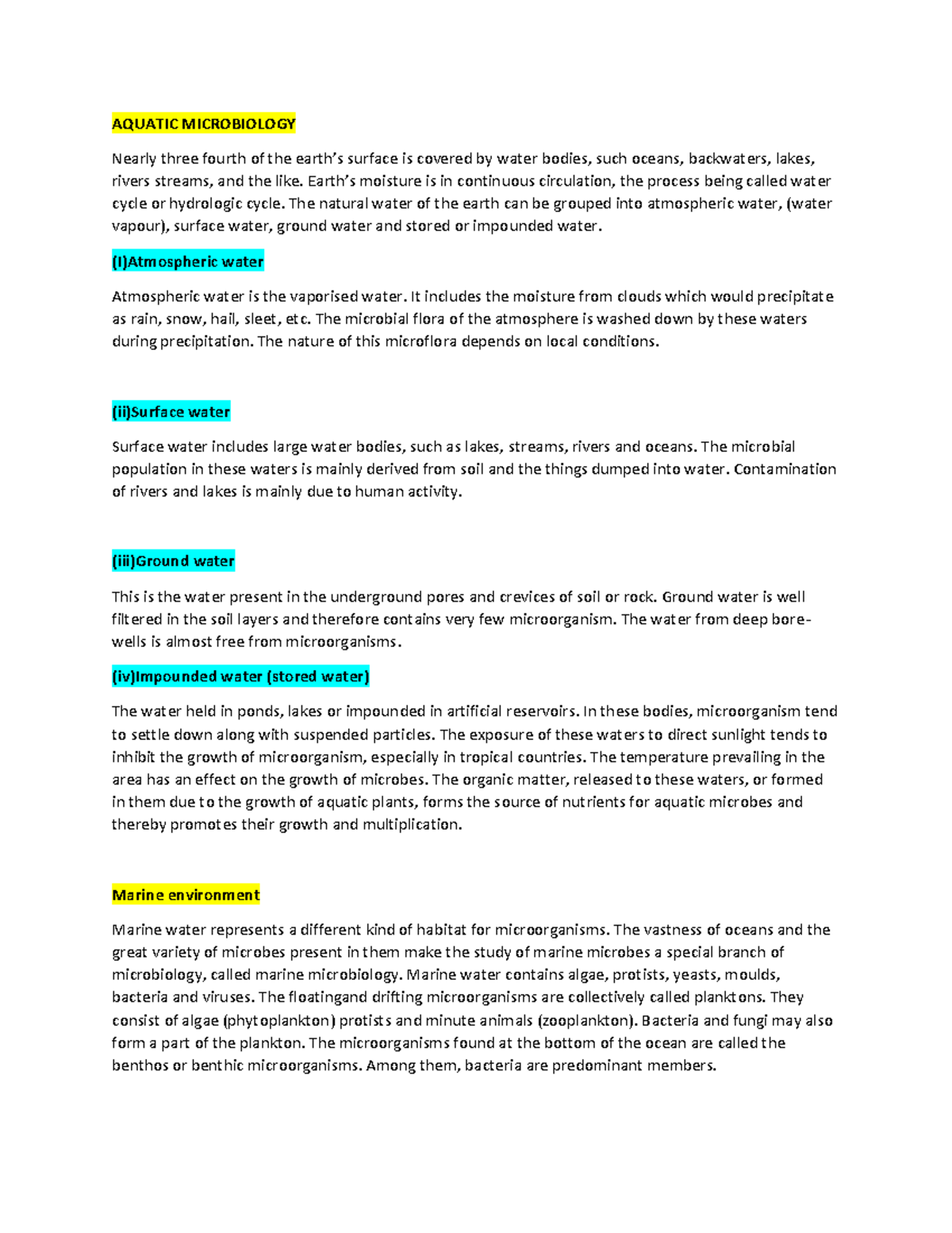 Aquatic microbiology - AQUATIC MICROBIOLOGY Nearly three fourth of the