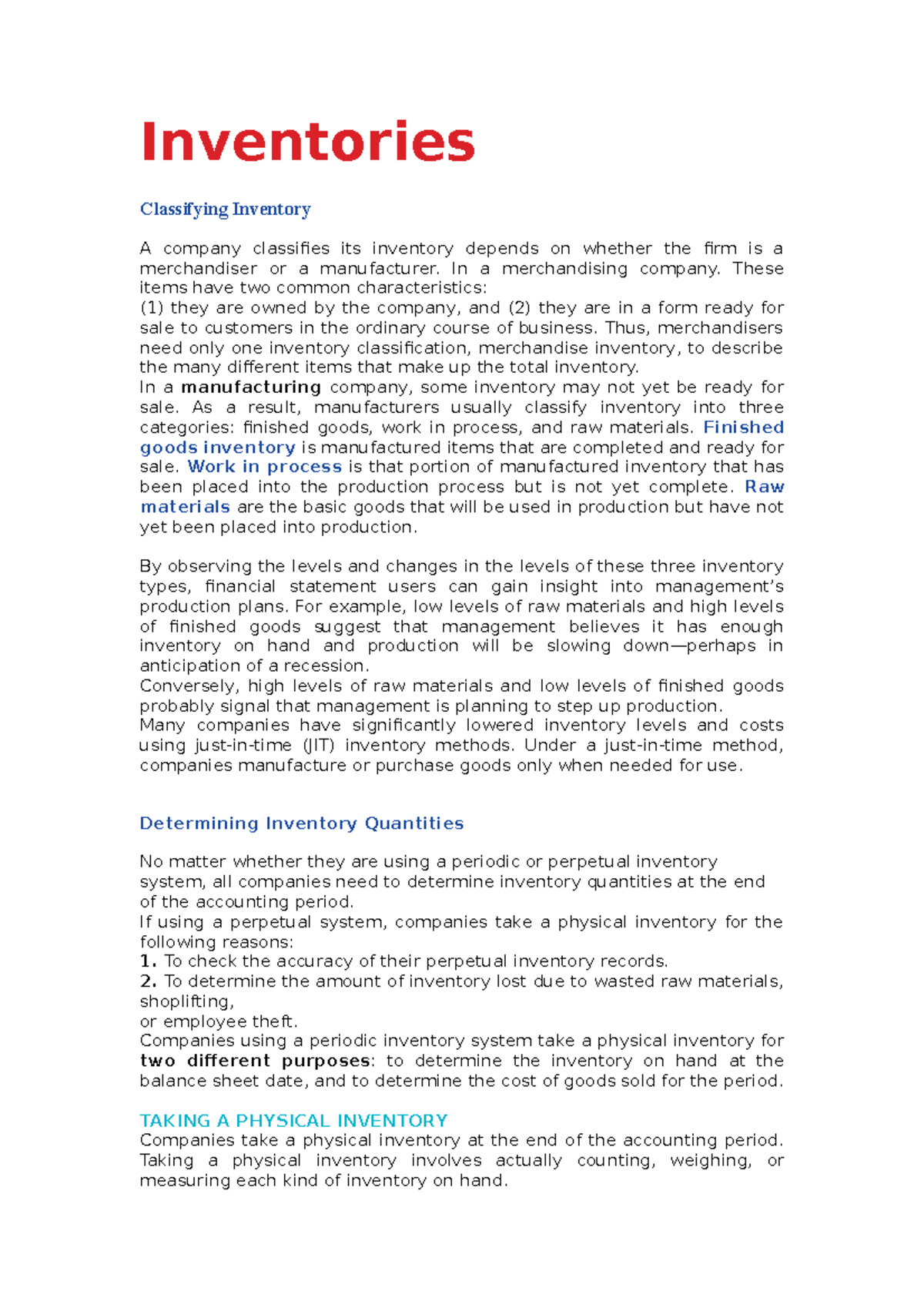 Inventories Chapter 6 - Accounting Materials - Inventories Classifying ...