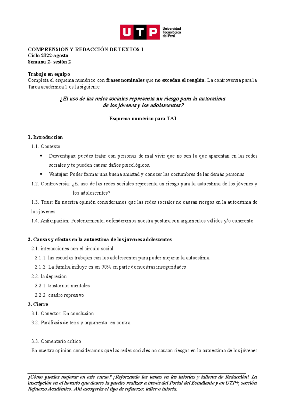 S02.s2-Esquema Para TA1 (material) 2022 Agosto-1-3 - COMPRENSIÓN Y ...