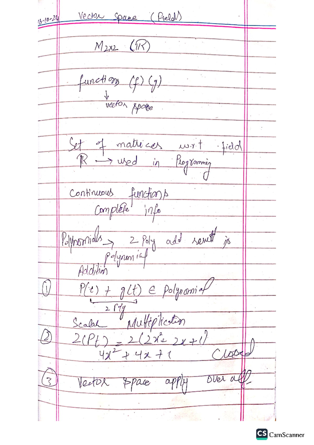 La part 2 - La notes - Vector Space (Field) M2x2 (TR) functions (f) (g ...