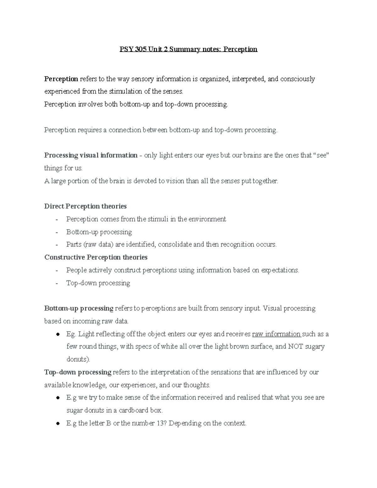 Perception - Summary notes - PSY 305 Unit 2 Summary notes: Perception ...