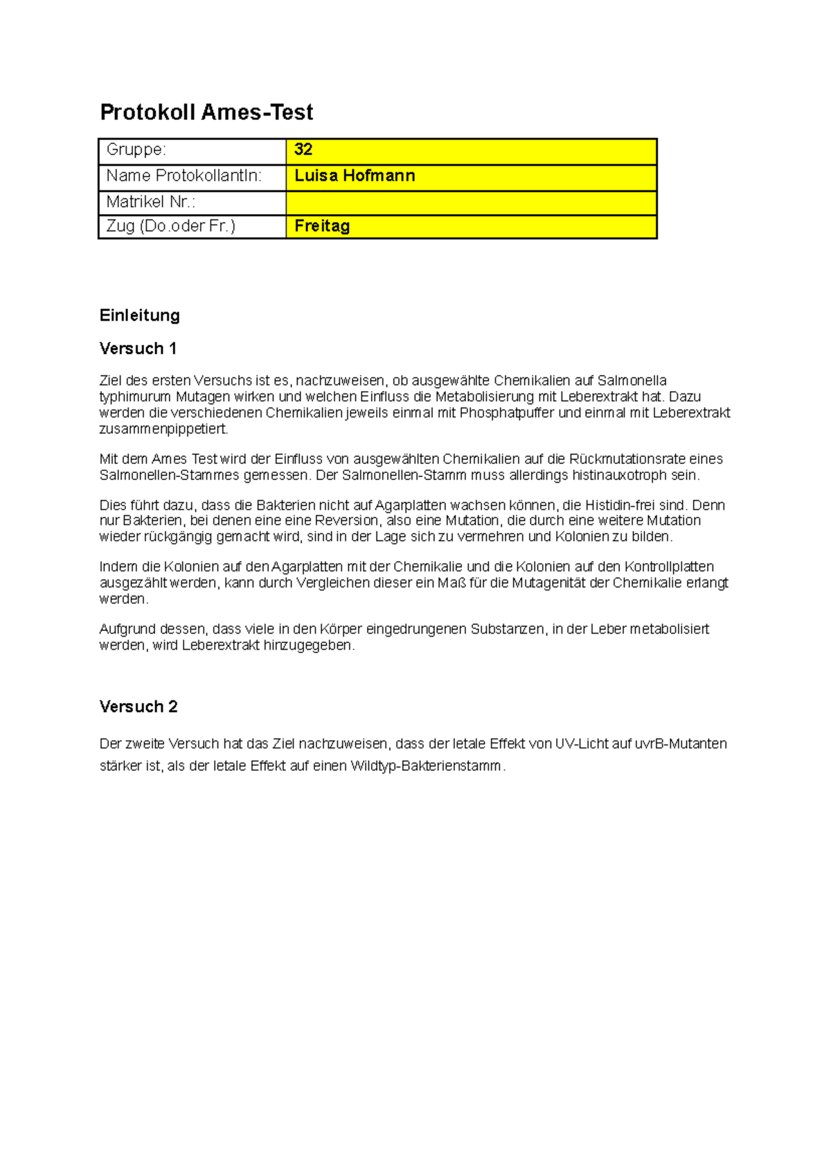 Protokoll Ames 2021 - Protokoll Ames-Test Gruppe: 32 Name ...