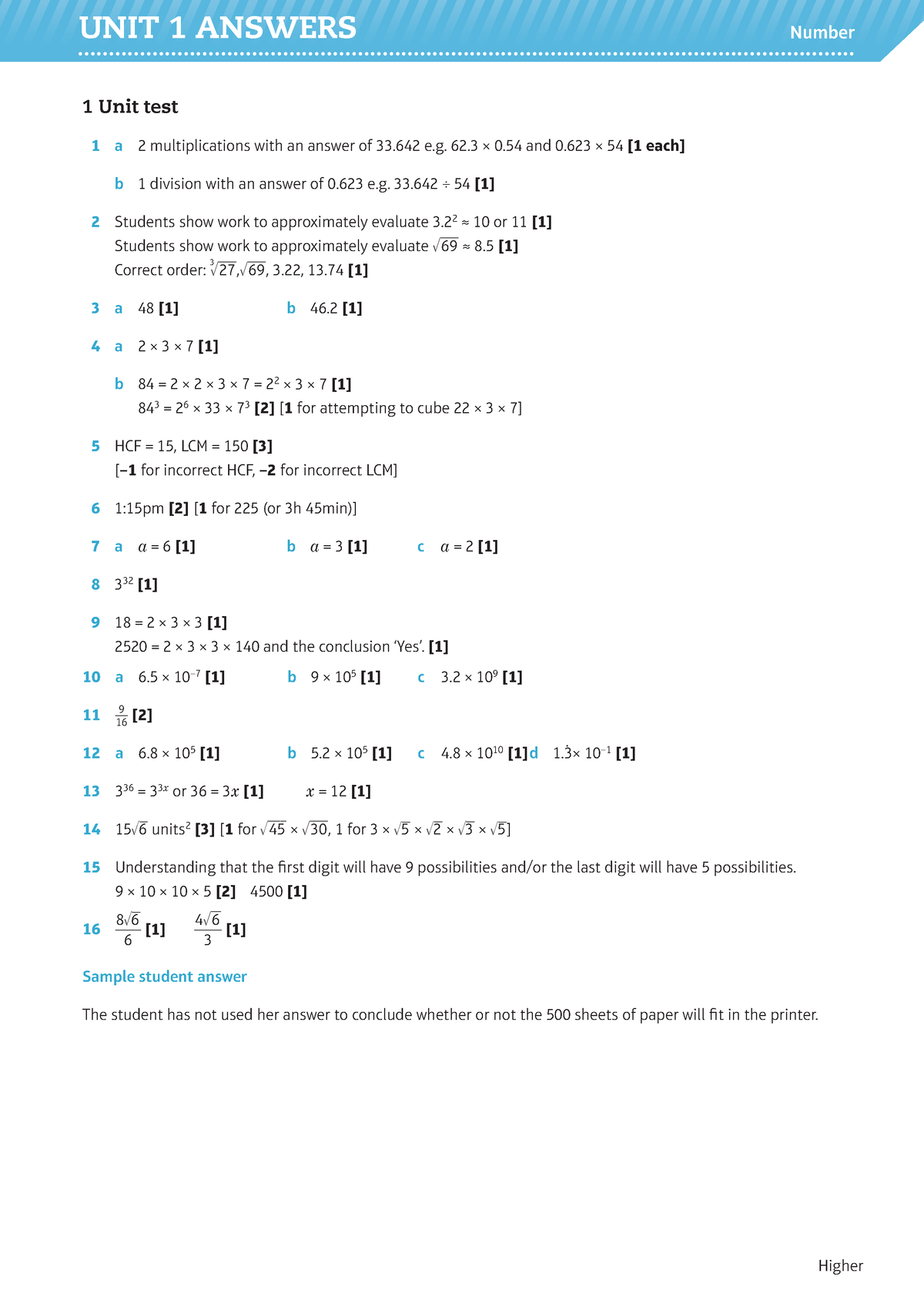 496108202 GCSE Higher Student Book Unit Test Answers - UNIT 1 ANswers 1 ...