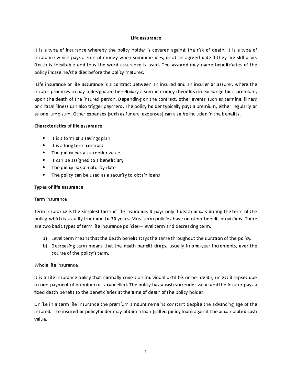 Life assurance - It is a type of insurance which pays a sum of money ...