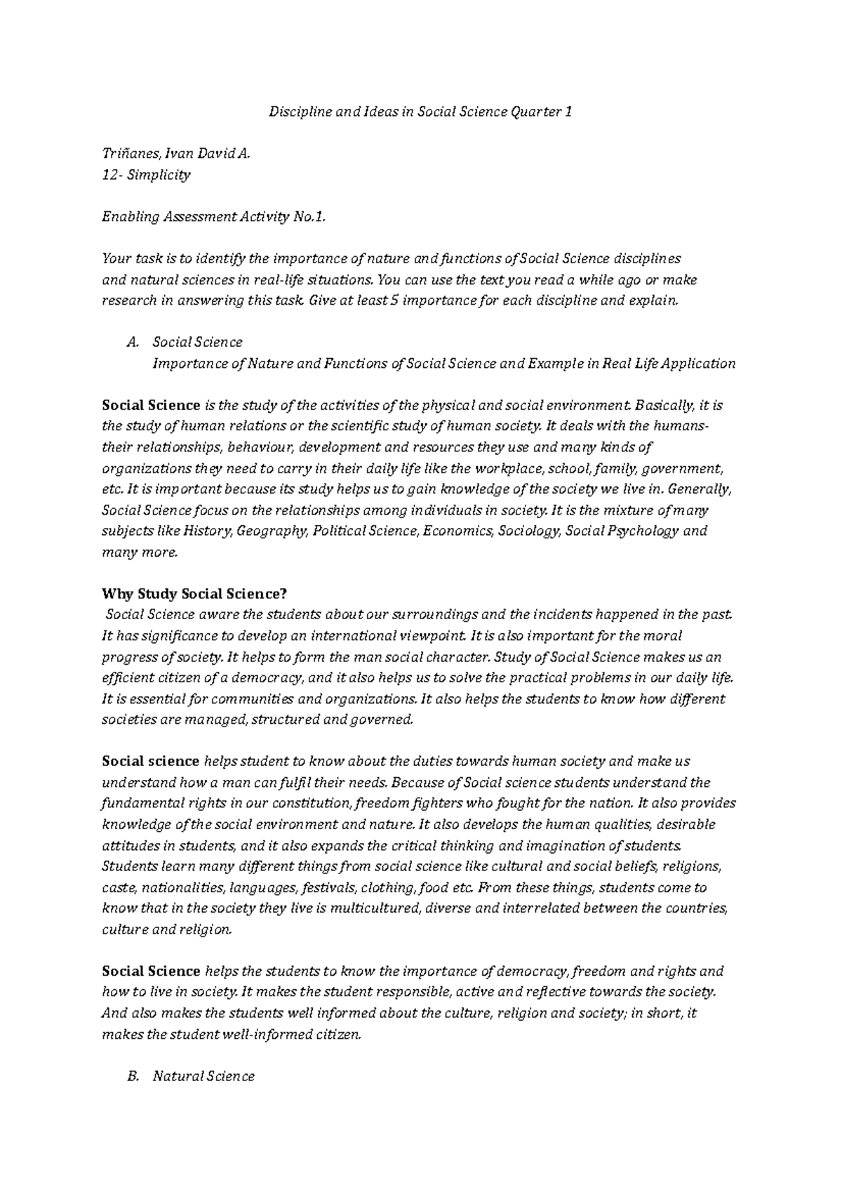 Discipline and Ideas in Social Science Quarter 1 - 12- Simplicity ...