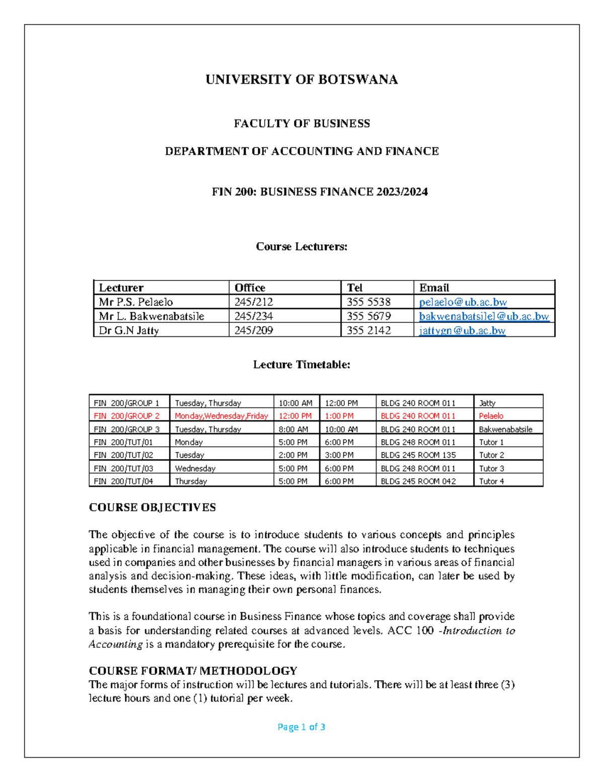 FIN 200 Final Course Outline 2023 - Page 1 of 3 UNIVERSITY OF BOTSWANA