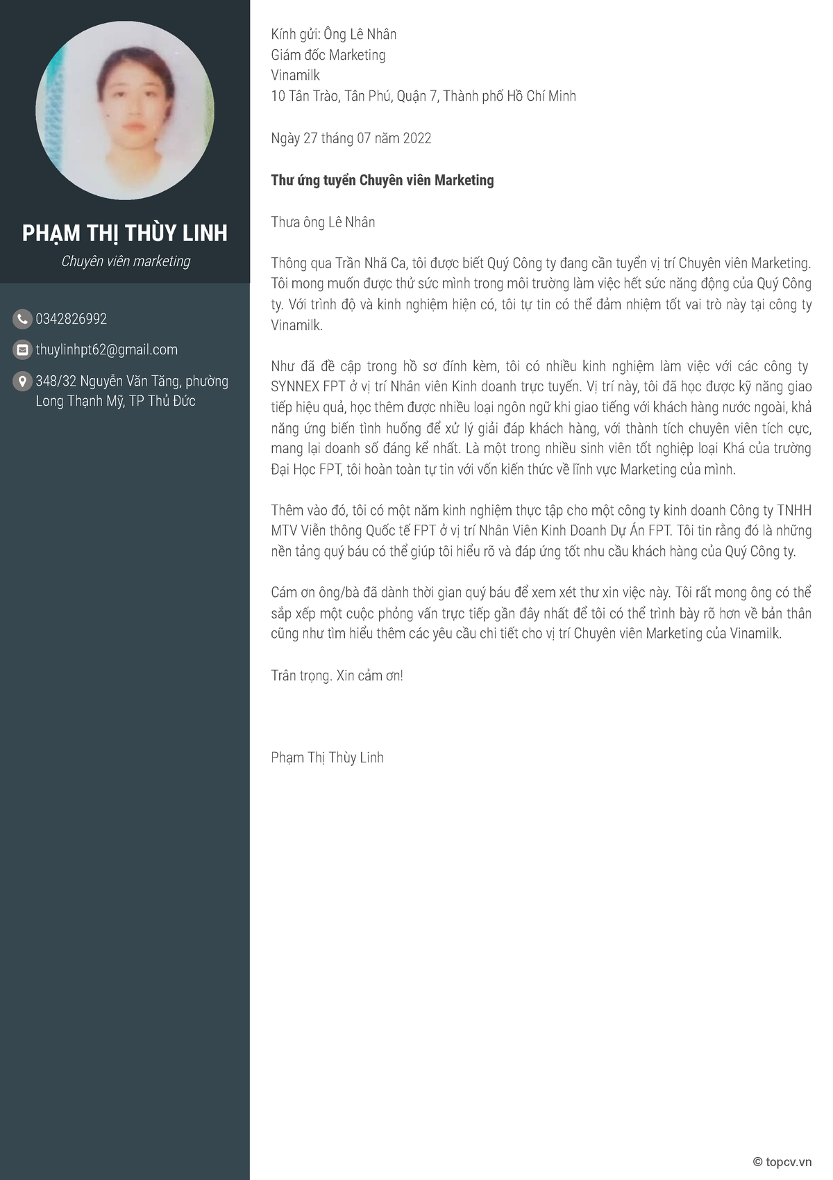 Pham Thi Thuy Linh Cover Letter - PHẠM THỊ THÙY LINH Chuyên viên ...