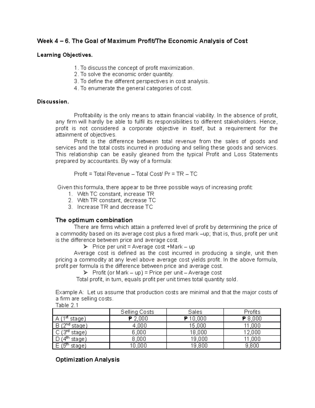 Week 4- 6 AIS2 Lesson Sy - Week 4 – 6. The Goal of Maximum Profit/The ...