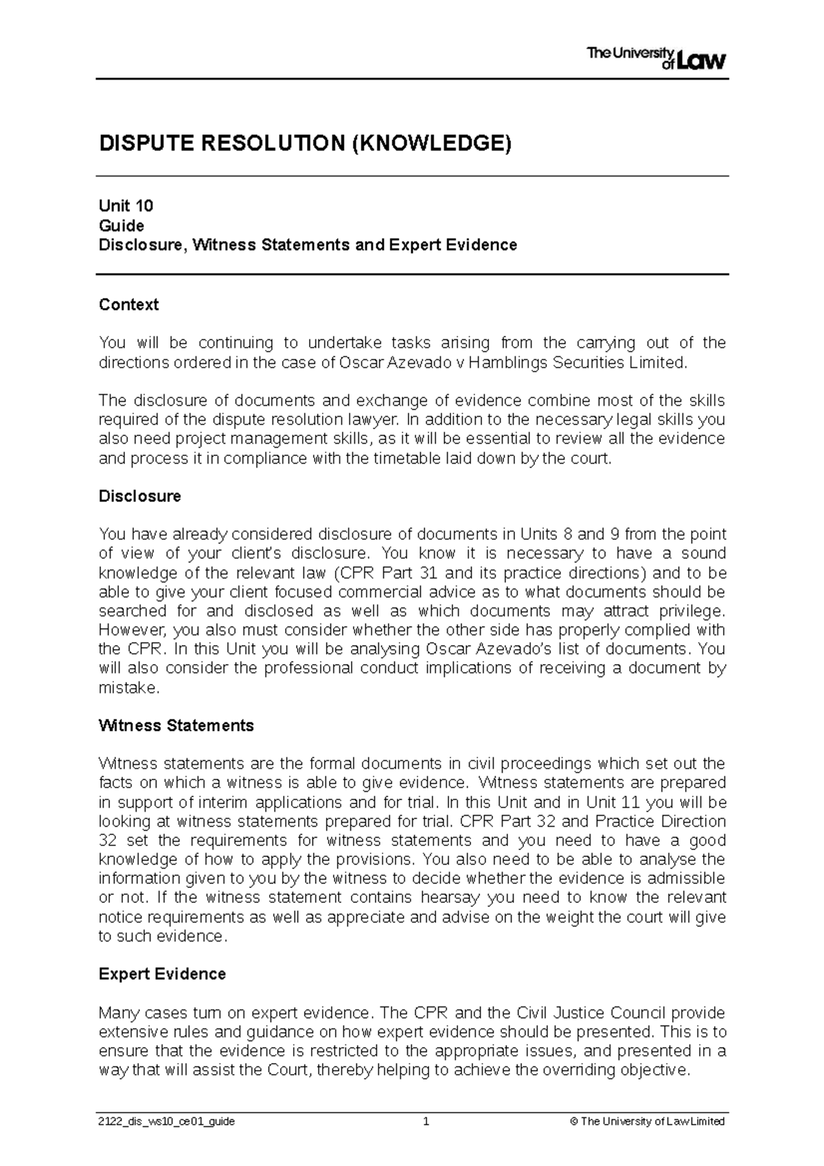 Dispute Resolution WS10 Guide - DISPUTE RESOLUTION (KNOWLEDGE) Unit 10 ...