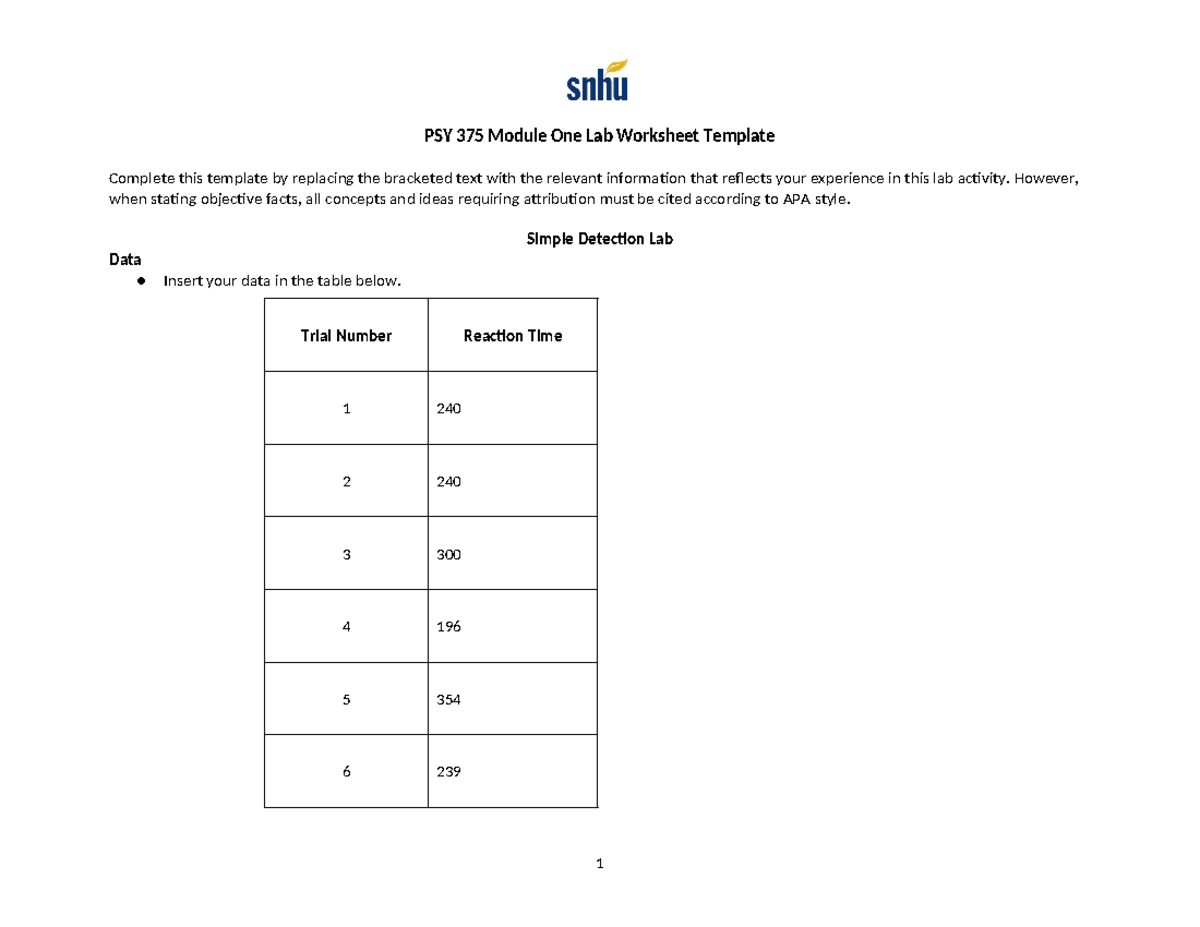 PSY 375 Module One Lab Worksheet Template - PSY 375 Module One Lab ...