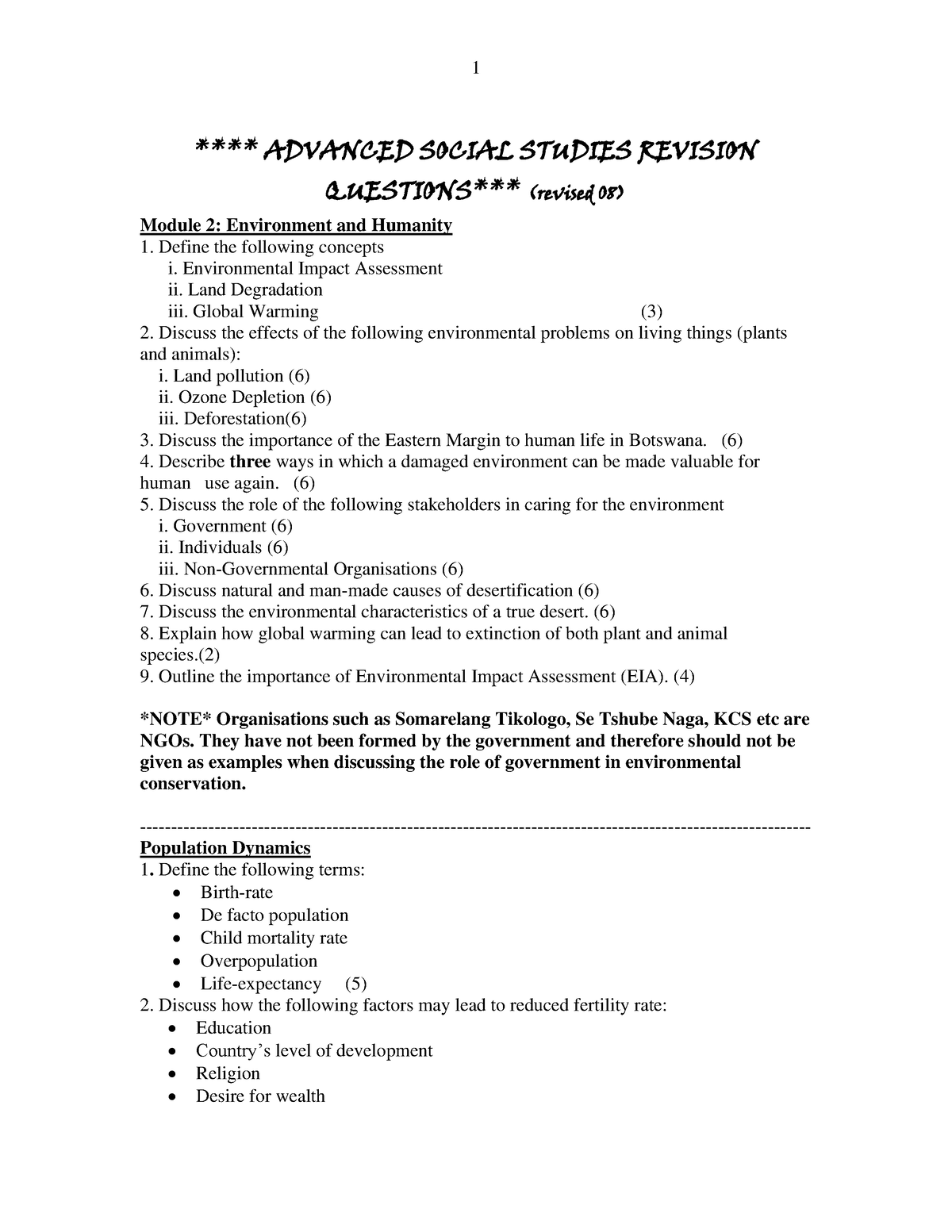 Social Studies Revision Questions Grade 6