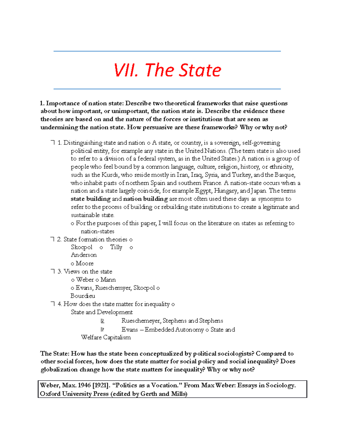 Political Sociology Study Guide VII. The State Importance of nation