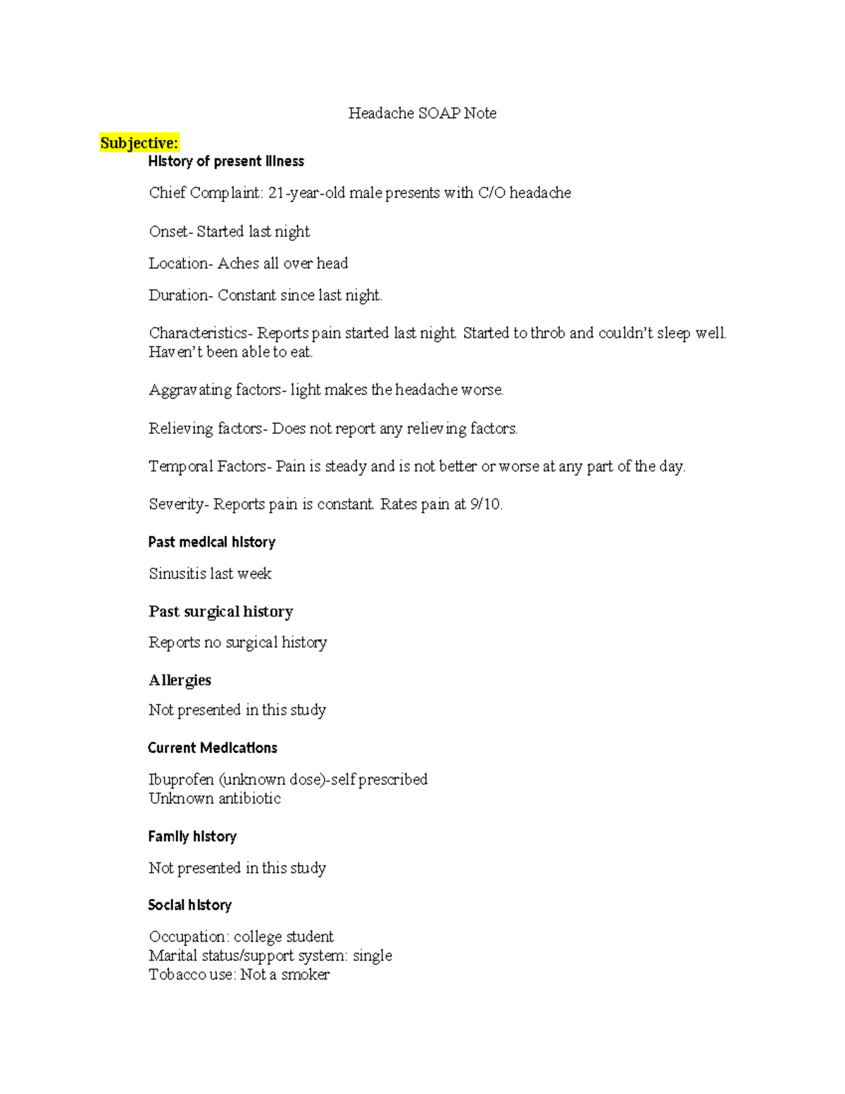 Headache soap note SOAP note from video Headache SOAP Note