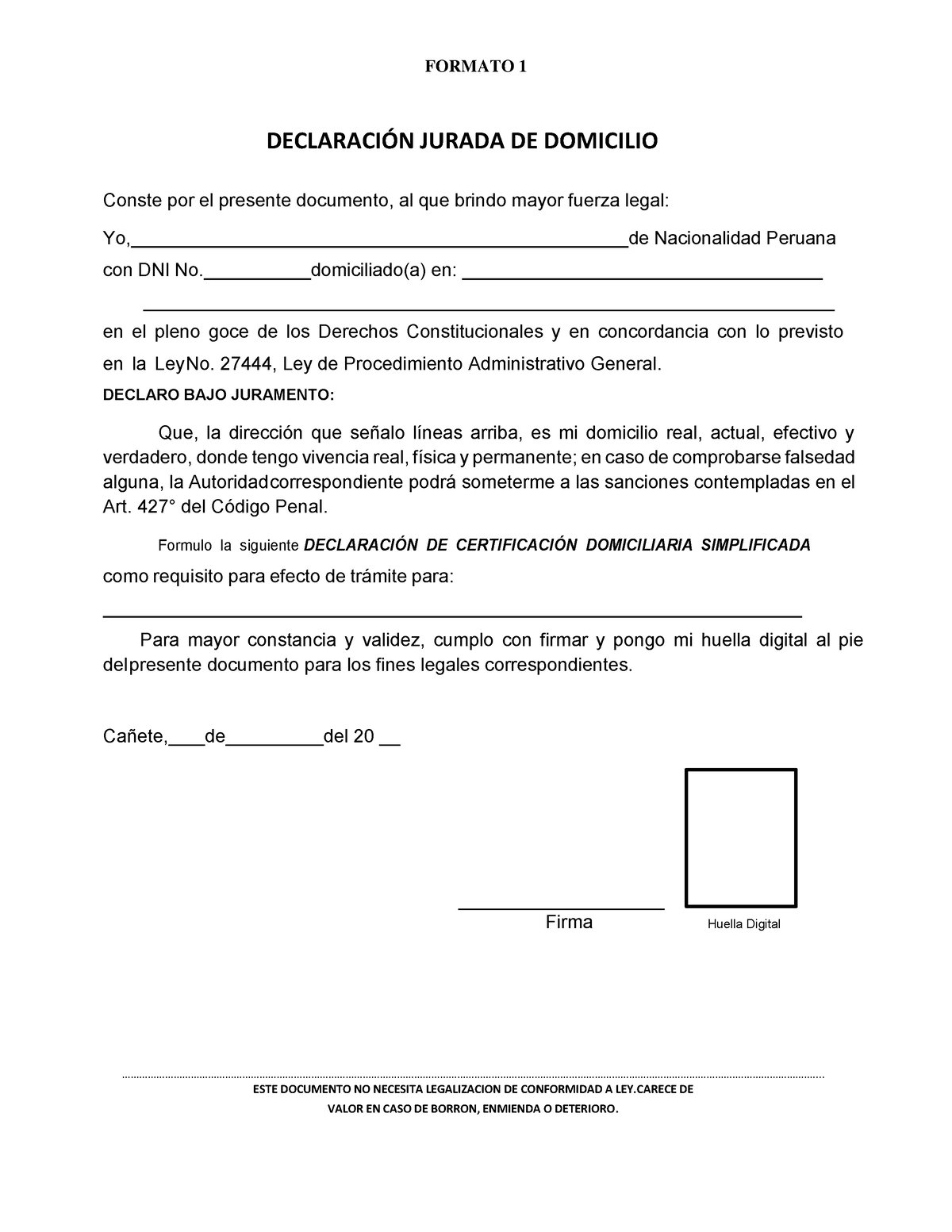 Formato Declaracion Jurada Domicilio Formato 1 DeclaraciÓn Jurada De Domicilio Conste Por El 3377