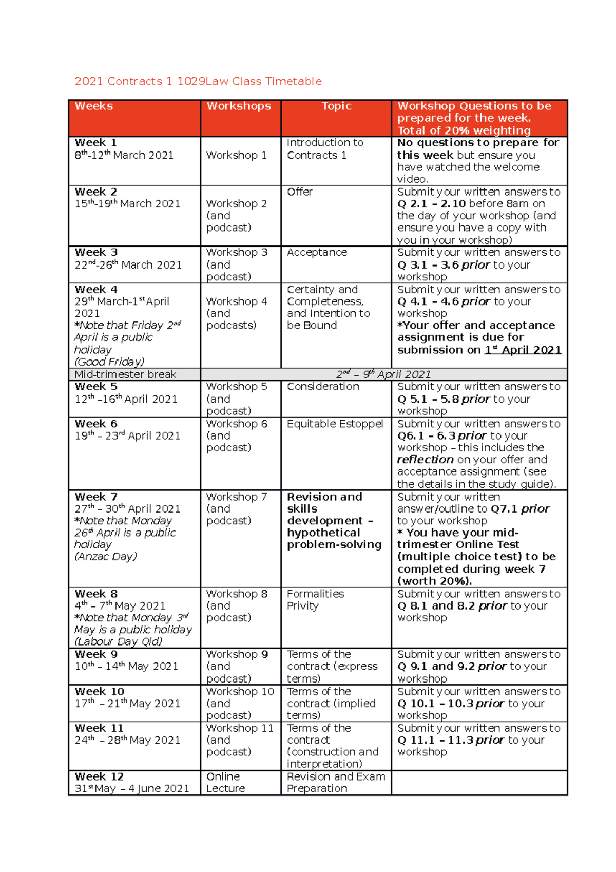 1029LAW Weekly Schedule - 2021 Contracts 1 1029Law Class Timetable ...