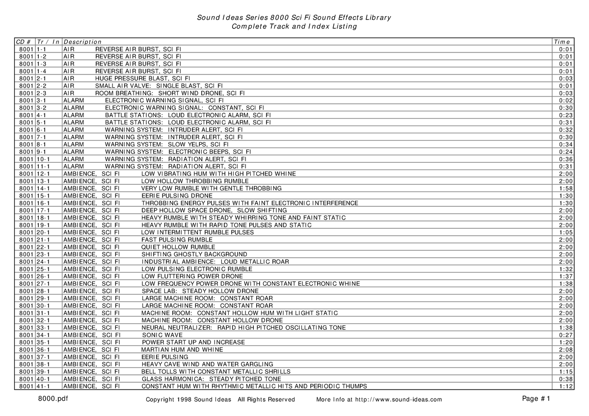 Sound Ideas - Series 8000 - Sci Fi Tracksheet - Co m p l et e Tr a ck a ...