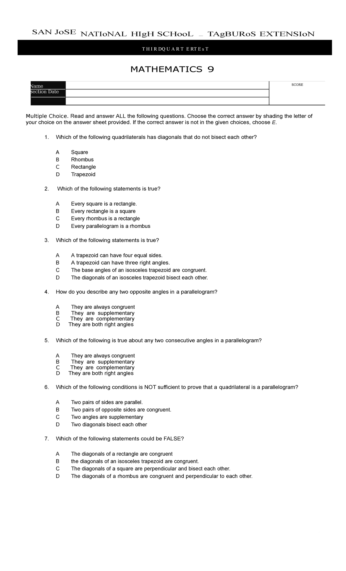 Grade 9 Math Third Quarter Examination - T H I R DQ U A R T E RT E S T ...