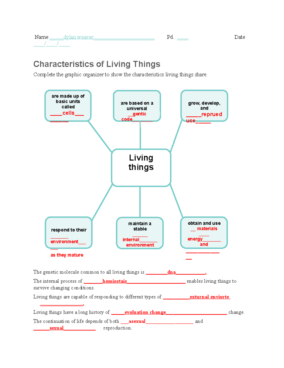 Characteristics of Life Worksheet-1 - Name dylan weaver