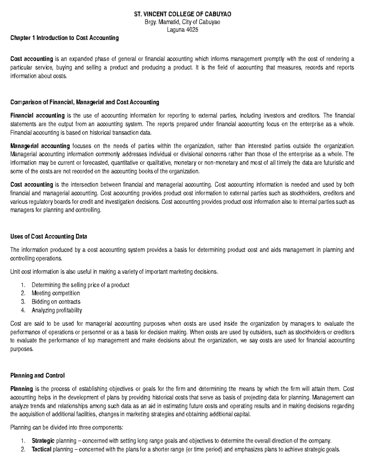 Chap1 Intro To Cost Acctg - BS Accountancy - Studocu