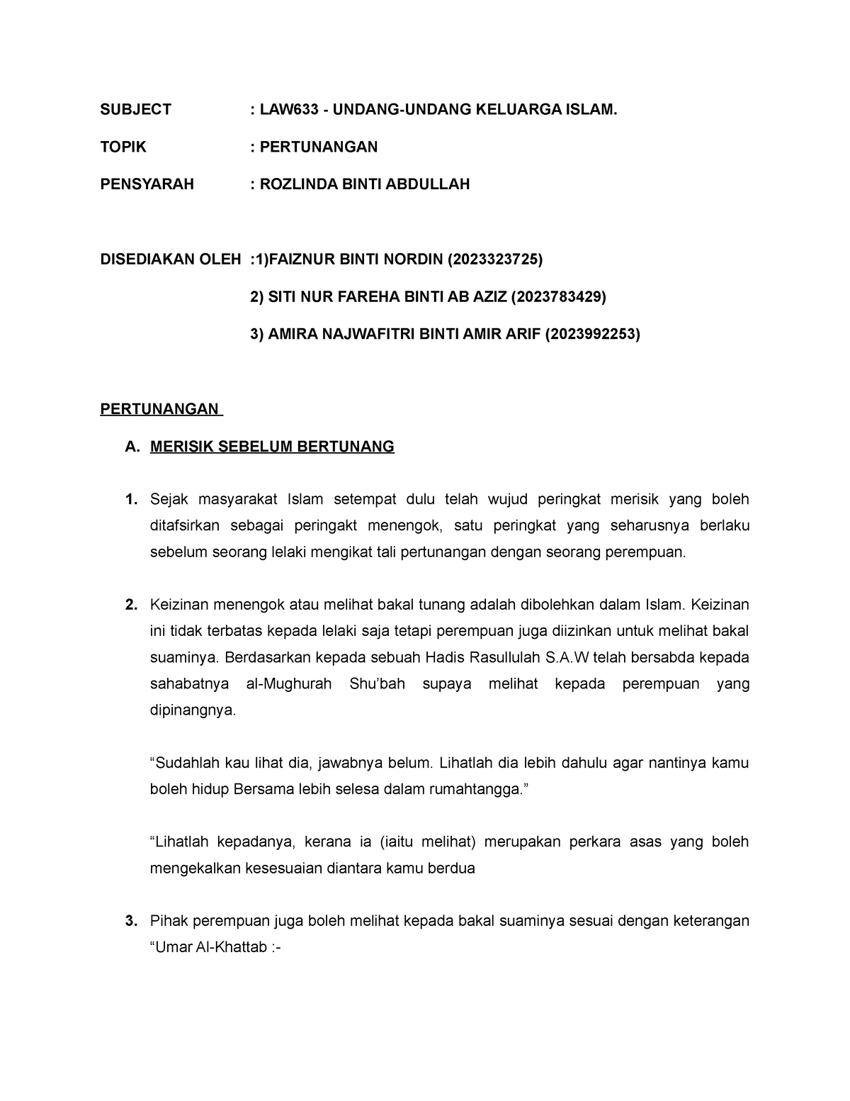 Pertunangan (2) - family law - ISLAMIC FAMILY LAW - UiTM - Studocu