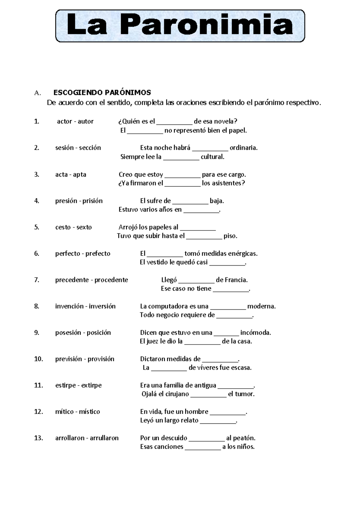Ficha RV Paronimos 6TO - COMUNICACION - A. ESCOGIENDO PARÓNIMOS De ...