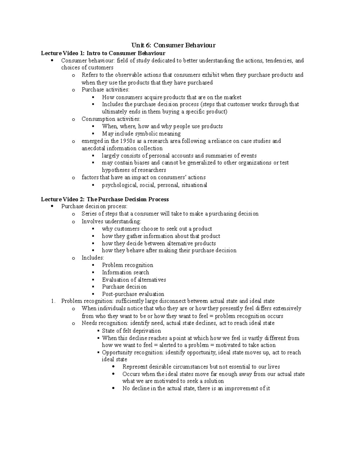 Unit 6 Lecture 6 Notes - Unit 6: Consumer Behaviour Lecture Video 1 ...