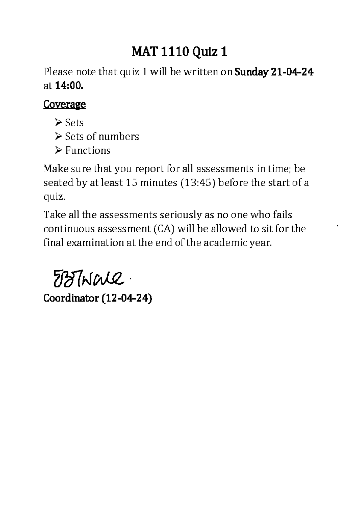 MAT 1110 Quiz 1 - It's Quiz - School of humanities and social science ...