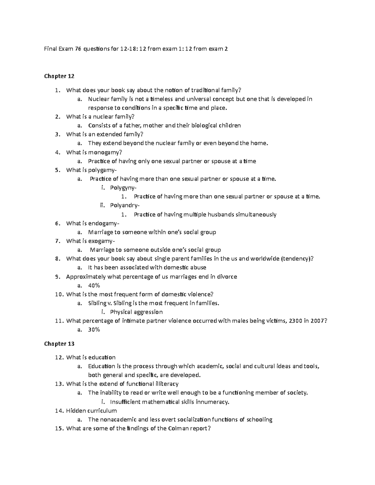 Final Study guide - Final Exam 76 questions for 12-18: 12 from exam 1: ...