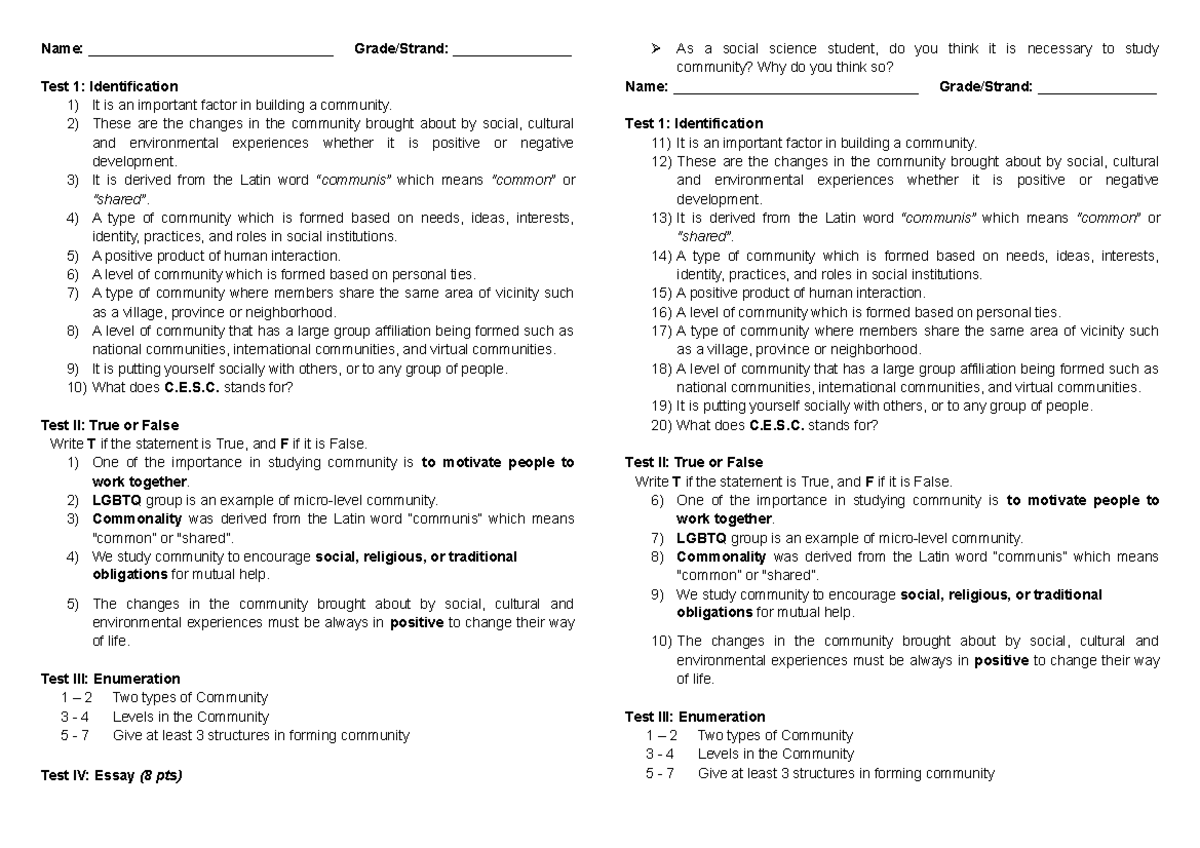 Monthly Exam - Lesson 1 CESC - Name ...