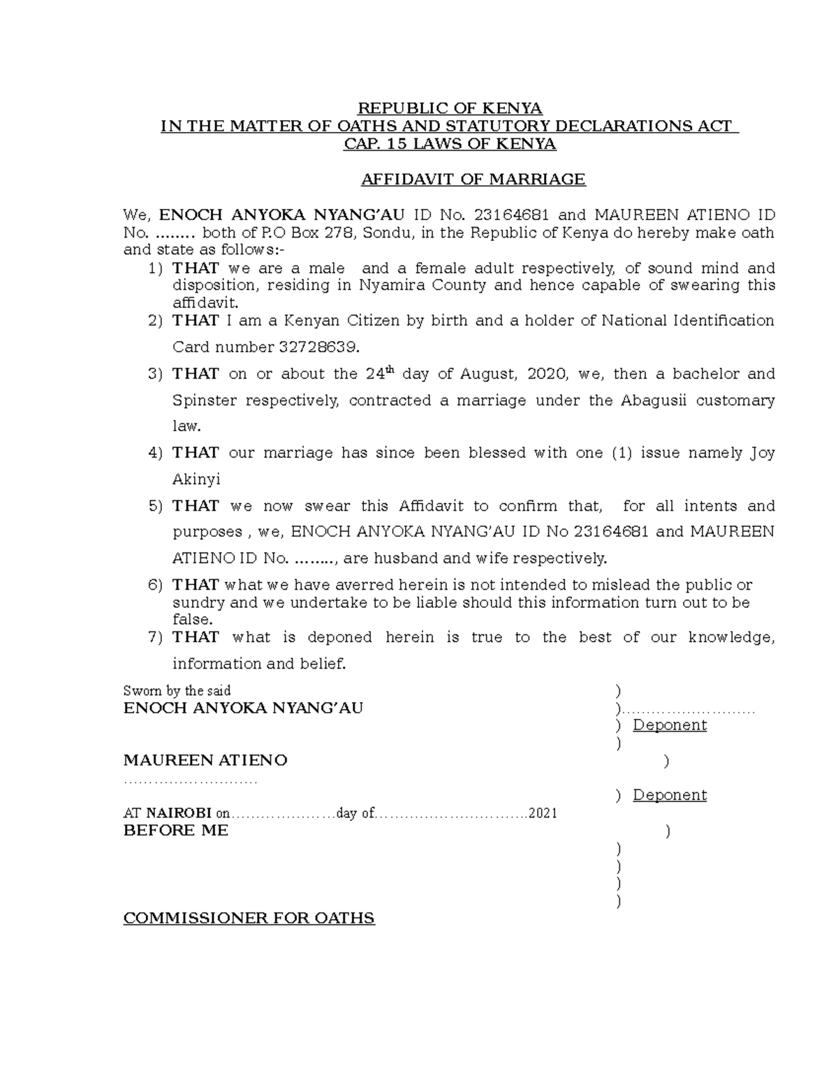 affidavit-of-marriage-enoch-anyoka-republic-of-kenya-in-the-matter-of