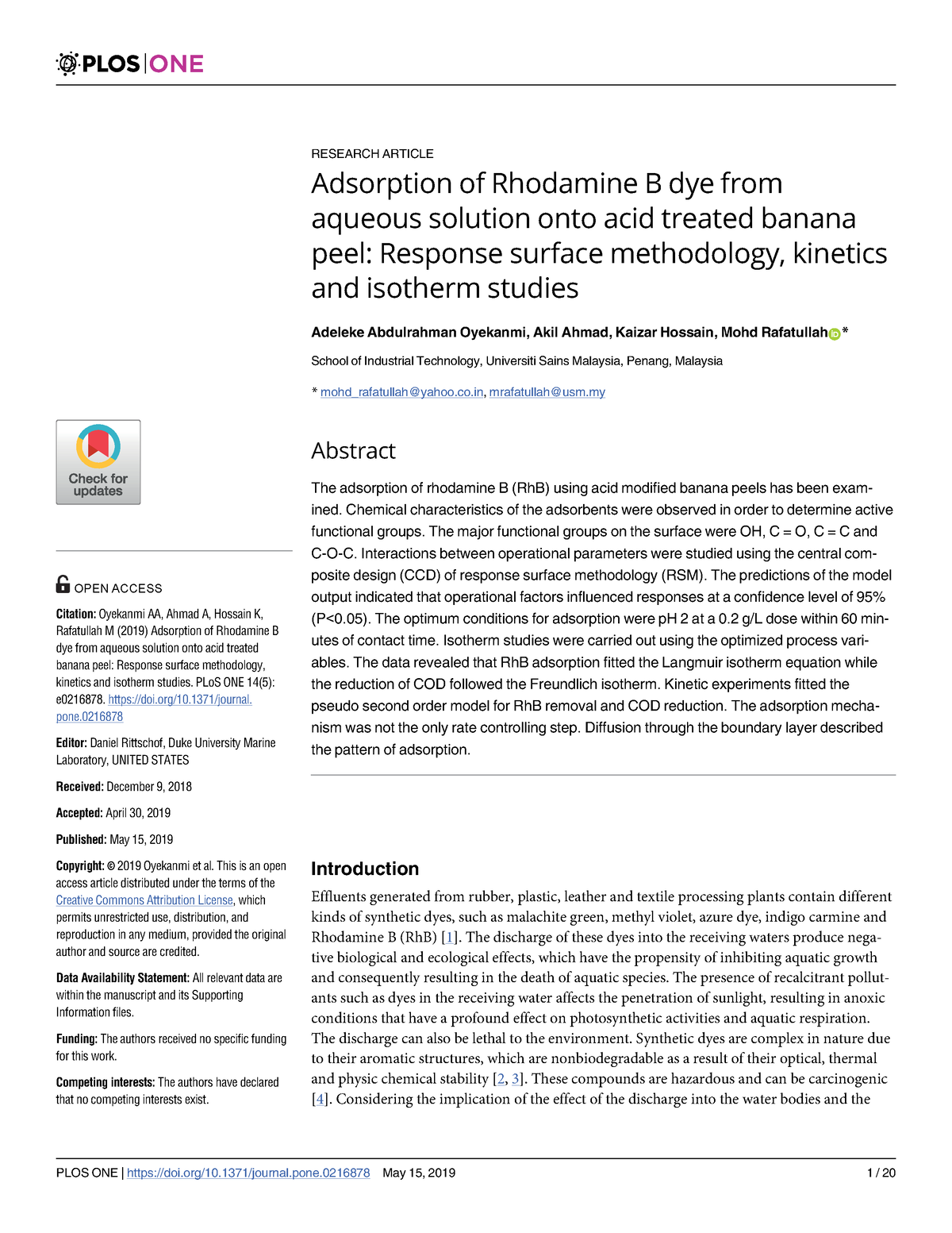 Adsorption Of Rhodamine B Dye From Aqueous Solutio - RESEARCH ARTICLE ...