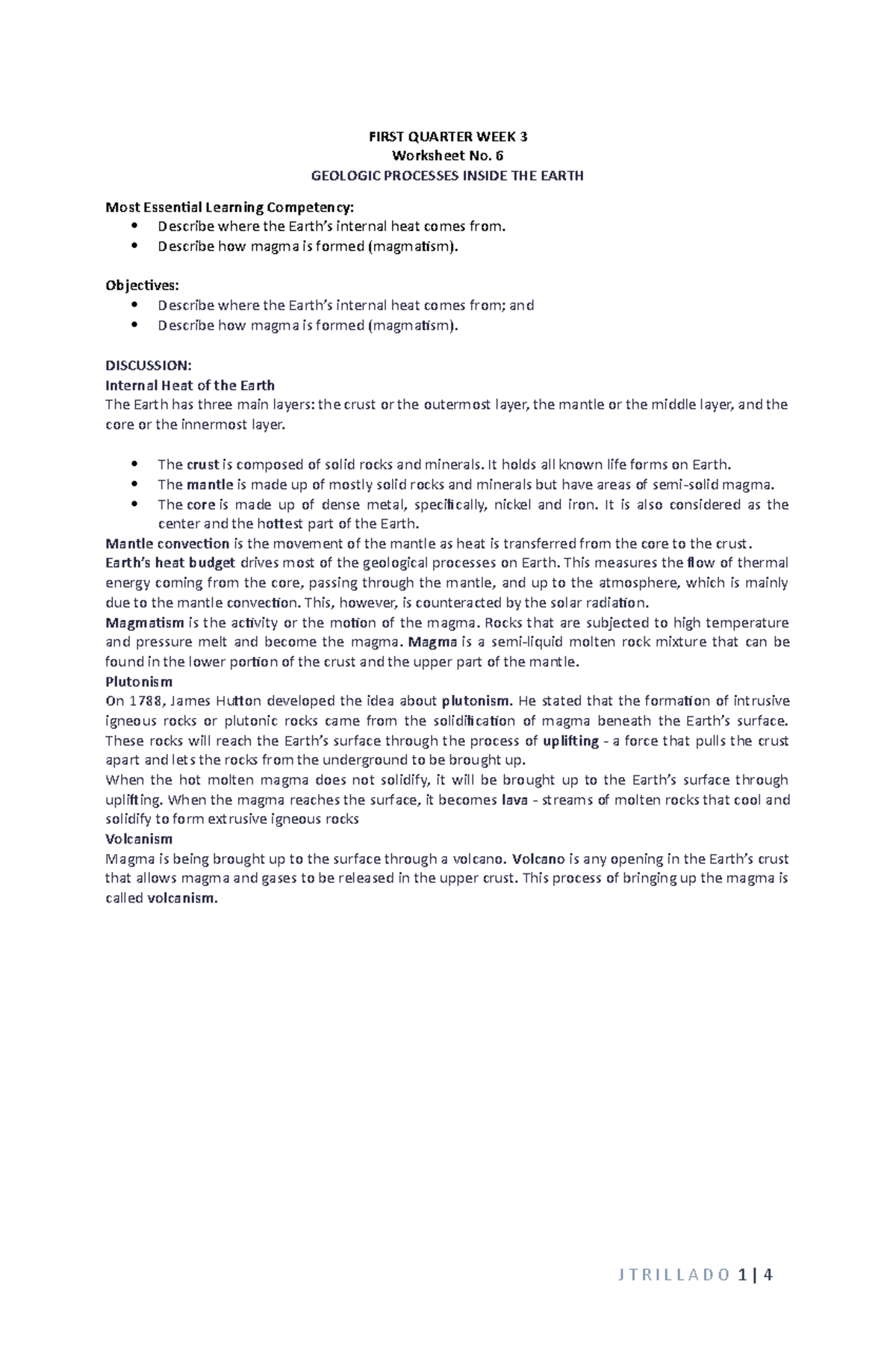 Geologic Processes Inside THE Earth - FIRST QUARTER WEEK 3 Worksheet No ...