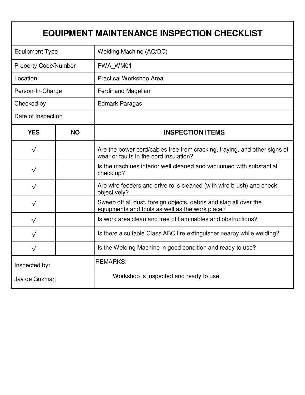 Welding deals machine checklist