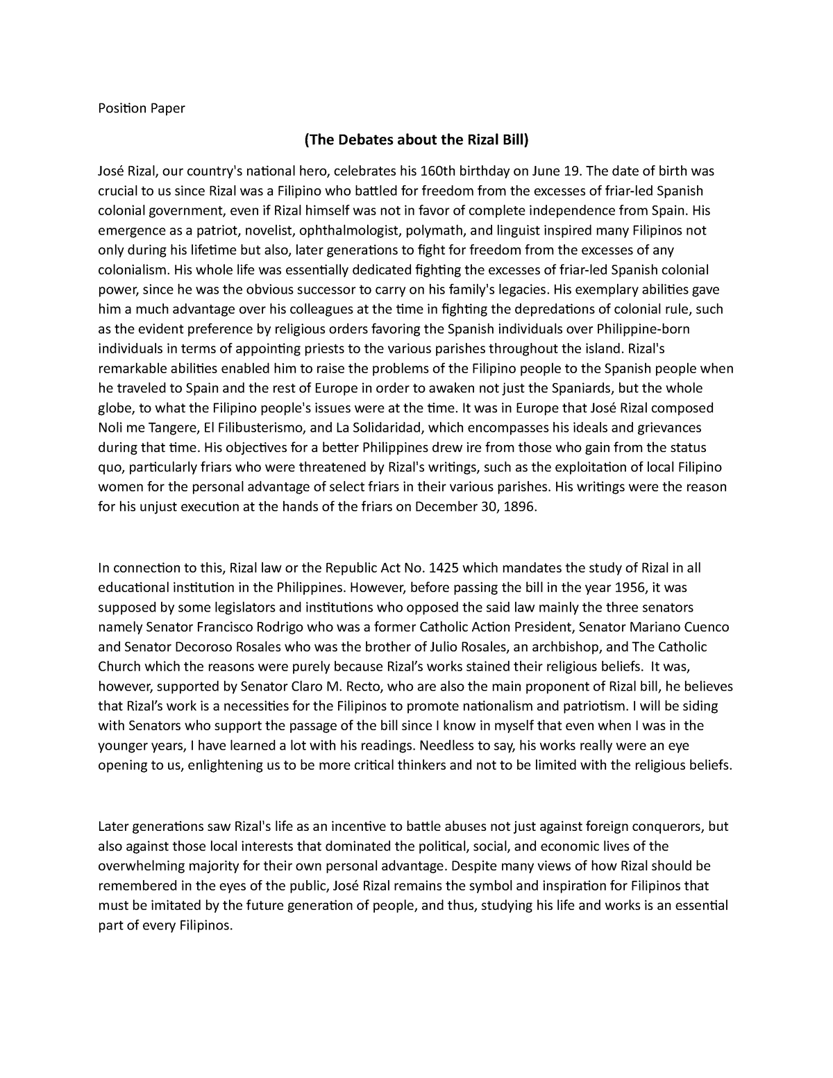 Position Paper - Position Paper (The Debates about the Rizal Bill) José ...
