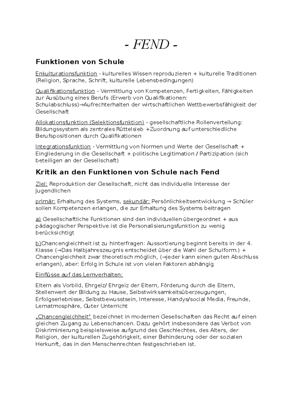 Fend Funktionen Von Schule FEND - Mitschriften - FEND - Funktionen von Schule