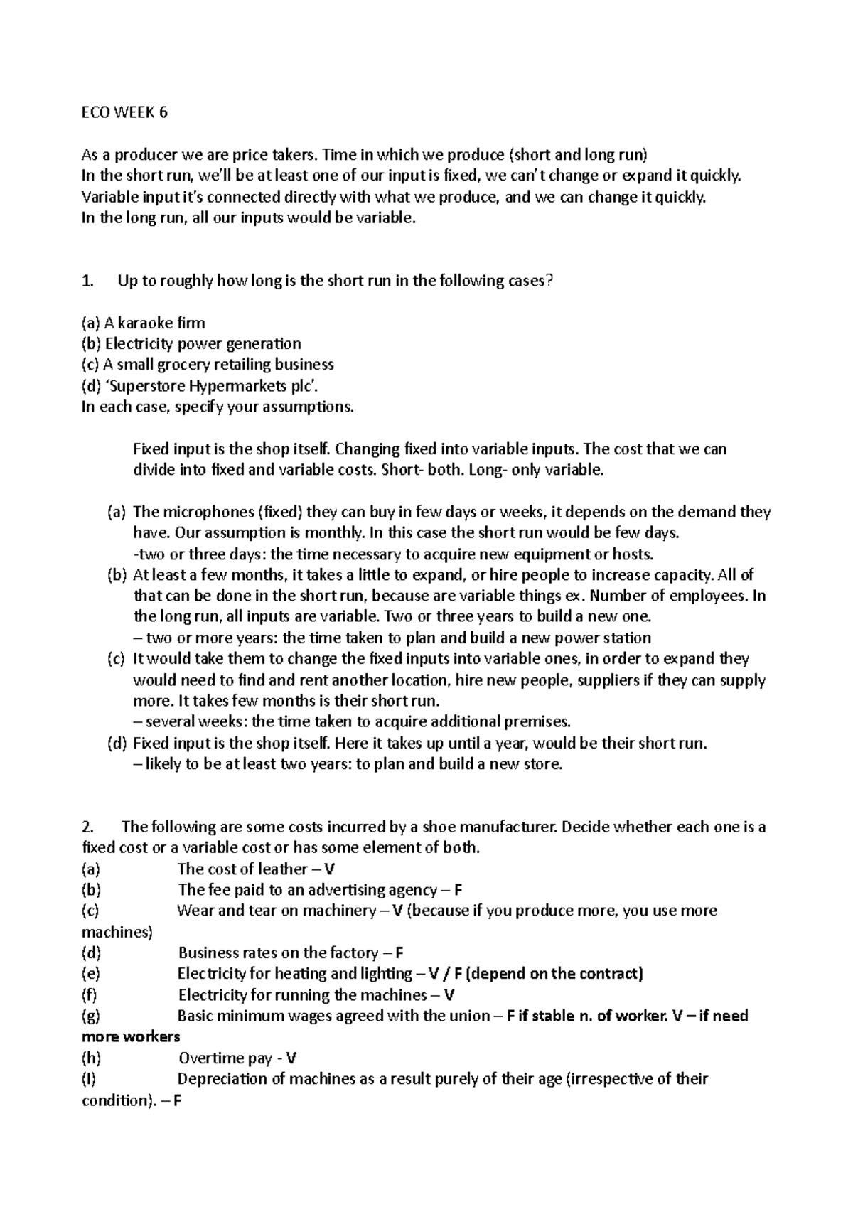 ECO WEEK 6 - variable / fixed costs, cost curve example, average and ...