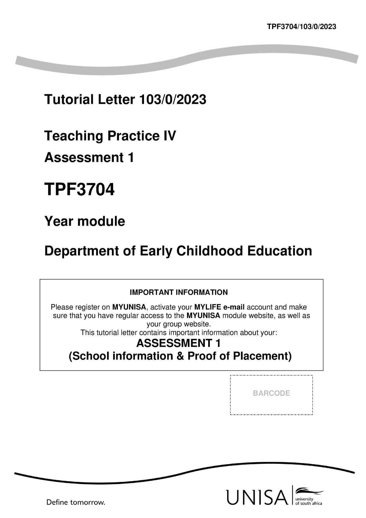 ASS 1 TPF3704 - THIS CONTAINS OF QUESTIONS AND PLACEMENT LETTERS ...