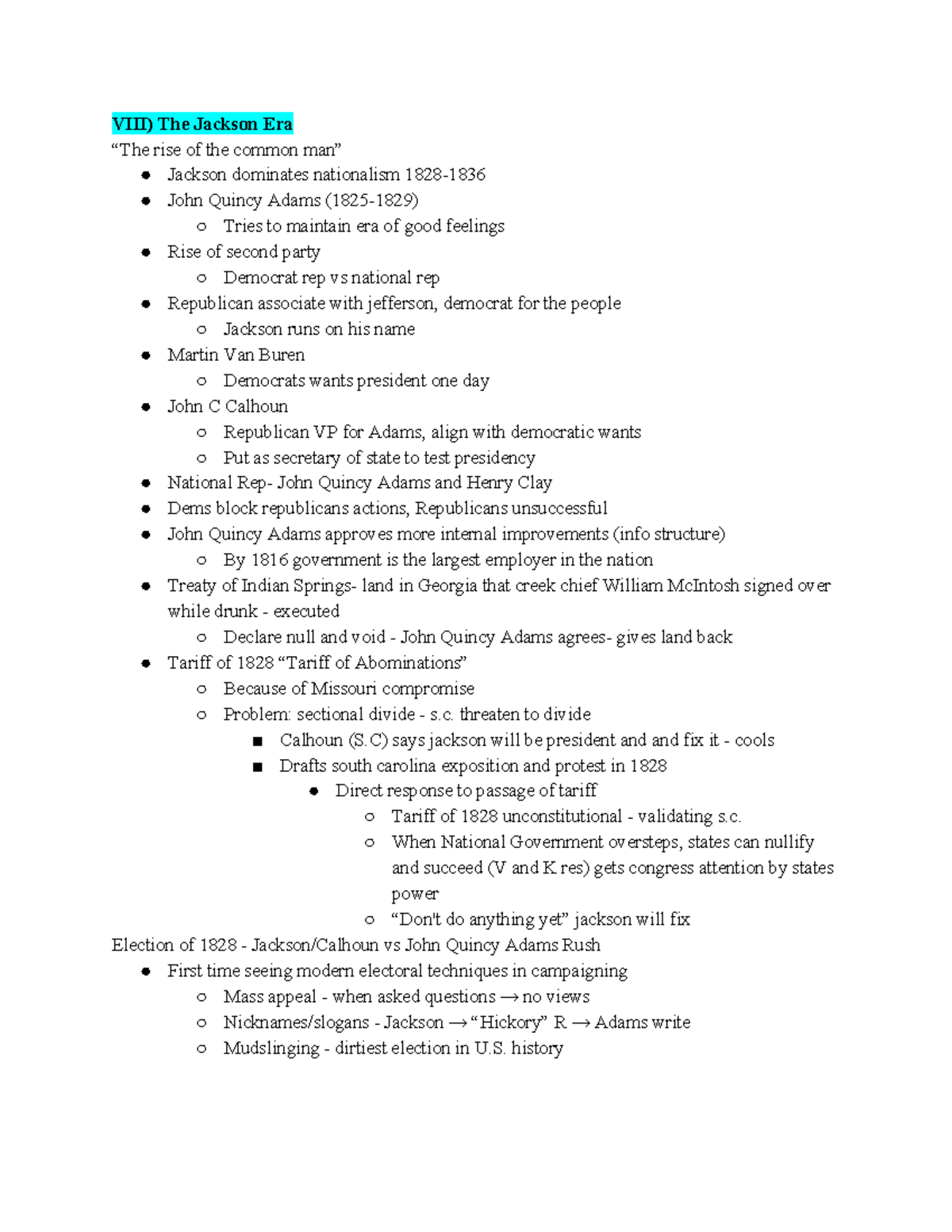 Exam 3 Notes HIST 2610 - VIII) The Jackson Era “The rise of the common ...