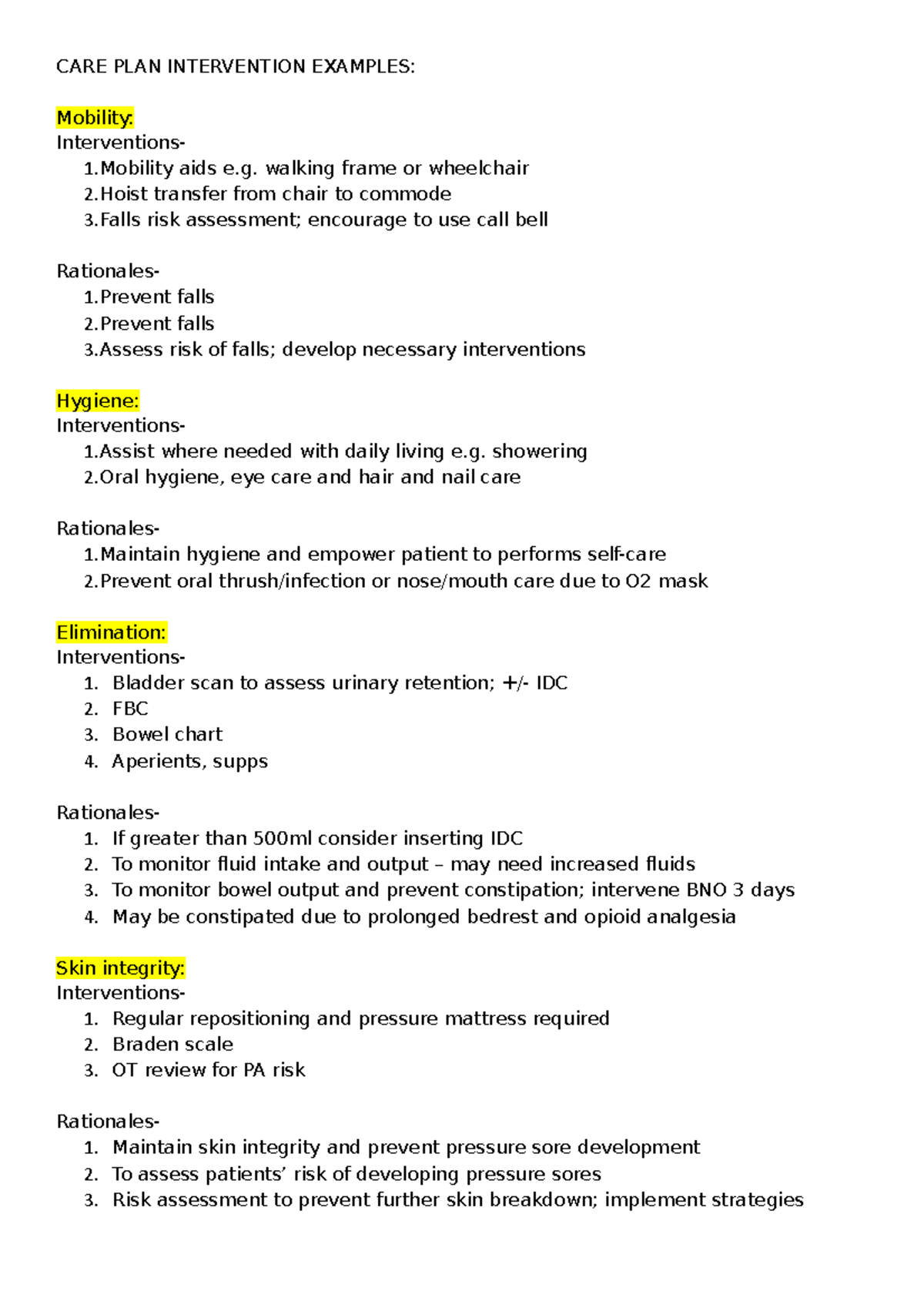 CARE PLAN Intervention Examples - CARE PLAN INTERVENTION EXAMPLES ...