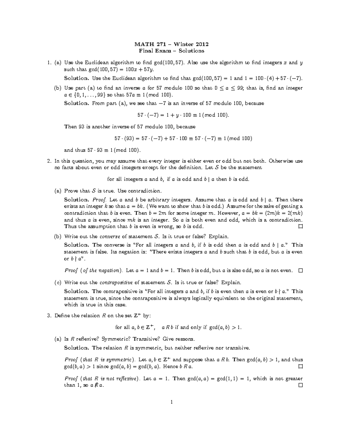 W12 Final Solutions Past Exam Math 271 Winter 2012 Final Exam W12 Final Solutions Past Exam Math 271 Winter 2012 Final Exam